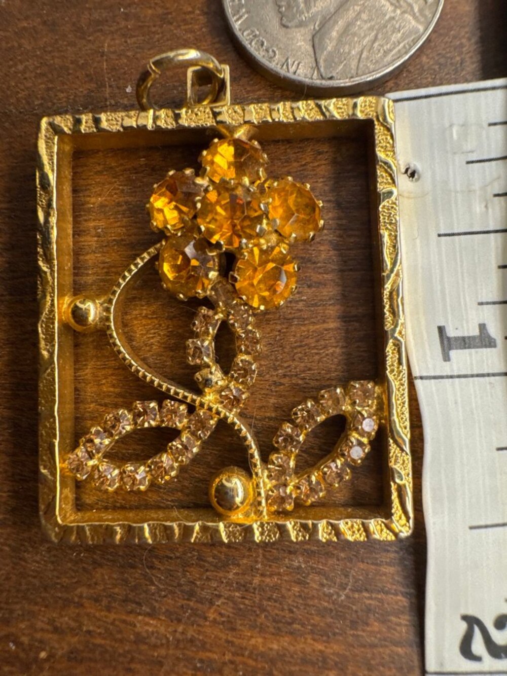 Vintage Framed Flower Pendant Amber Rhinestone Gold Tone Rectangle Topaz